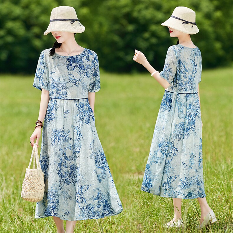 清仓夏季女装苎麻碎花连衣裙时尚复古文艺洋气减龄大码高端长裙子,女装连衣裙,辉之琳