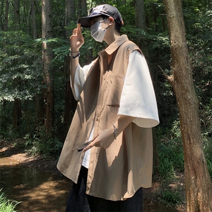 S85-P38日系复古假两件拼接短袖衬衫图片