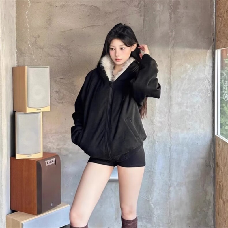 现货重磅硬挺boxy羽绒棉衣座山雕猫耳大毛毛领麂皮棉服冬外套图片