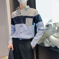韩版新款男士撞色衬衫条纹拼接休闲装长袖衬衣228-CS43-P40，男装衬衫，星座228