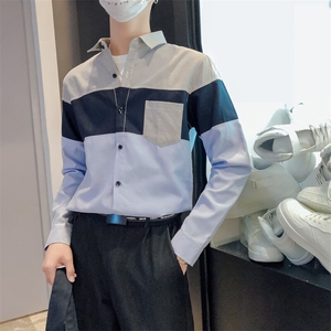 韩版新款男士撞色衬衫条纹拼接休闲装长袖衬衣228-CS43-P40图片