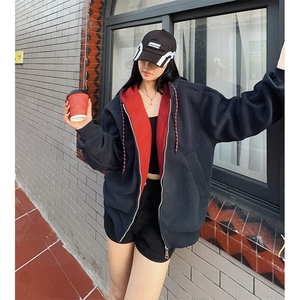抖音得物二开美式高街重磅结构双层撞色连帽卫衣开衫外套W116图片