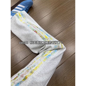 彩色花卉三条杠条纹裤子男款秋季美式复古重磅垂感卫裤休闲运动裤图片