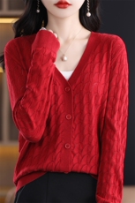 时尚百搭V领仿羊毛开衫精致镂空设计显瘦修身针织衫，女装针织衫/毛衣，大美人包芯纱店
