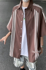 2024夏季新款港风日系复古宽松版条纹翻领短袖衬衫男潮ZC727-P40，男装衬衫，星座313A(原308A-2)