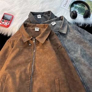 美式复古棕色皮衣外套男秋季潮牌宽松麂皮绒夹克男女生棒球服图片