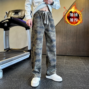秋冬迷彩加绒牛仔裤 男士直筒拼接弯刀裤加绒长裤潮901N46加绒P68图片