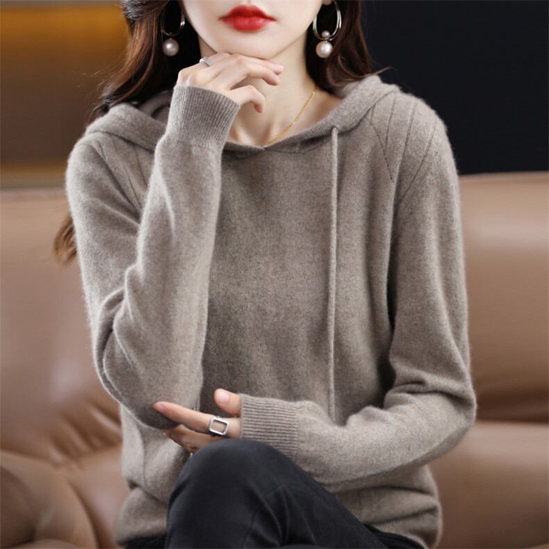 2023春秋新款连帽针织衫女卫衣宽松带帽打底衫加厚百搭毛衣,女装羊毛衫,邓利维
