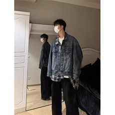 假两件拼接格子牛仔外套男款美式复古潮牌炸街工装牛仔衣痞帅夹克，男装工装外套，星座601-1