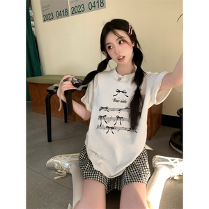T0658-P25学生款甜美少女上衣音符蝴蝶结印花纯棉短袖