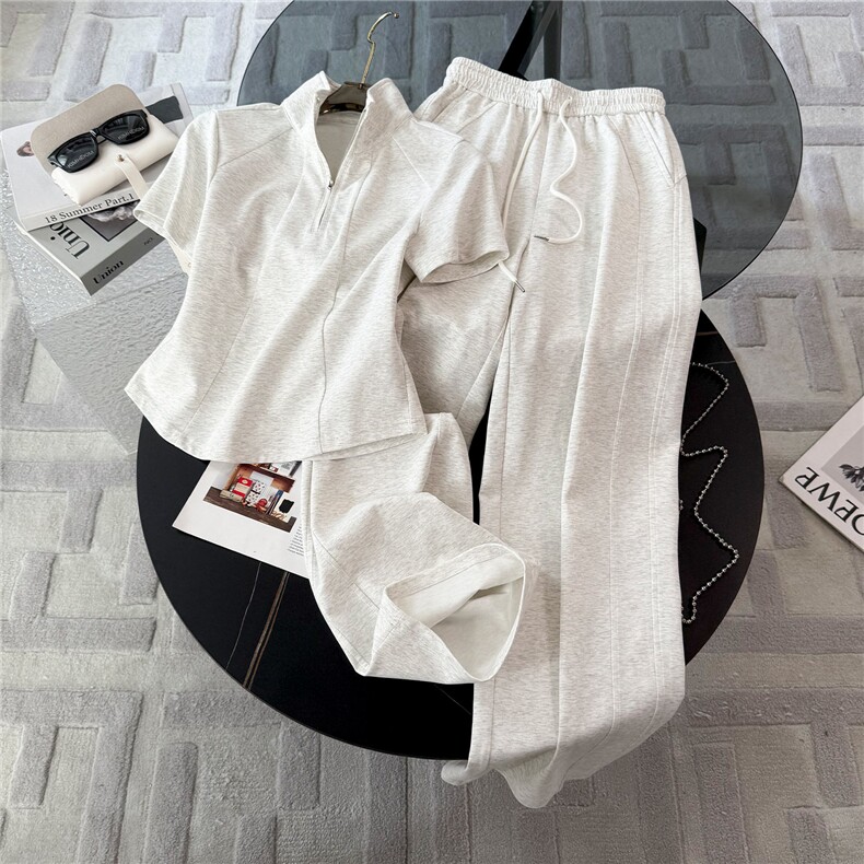 女夏季新款韩版时尚休闲运动套装连帽短袖卫衣高腰阔腿裤两件套潮，女装套装/套裙，江南