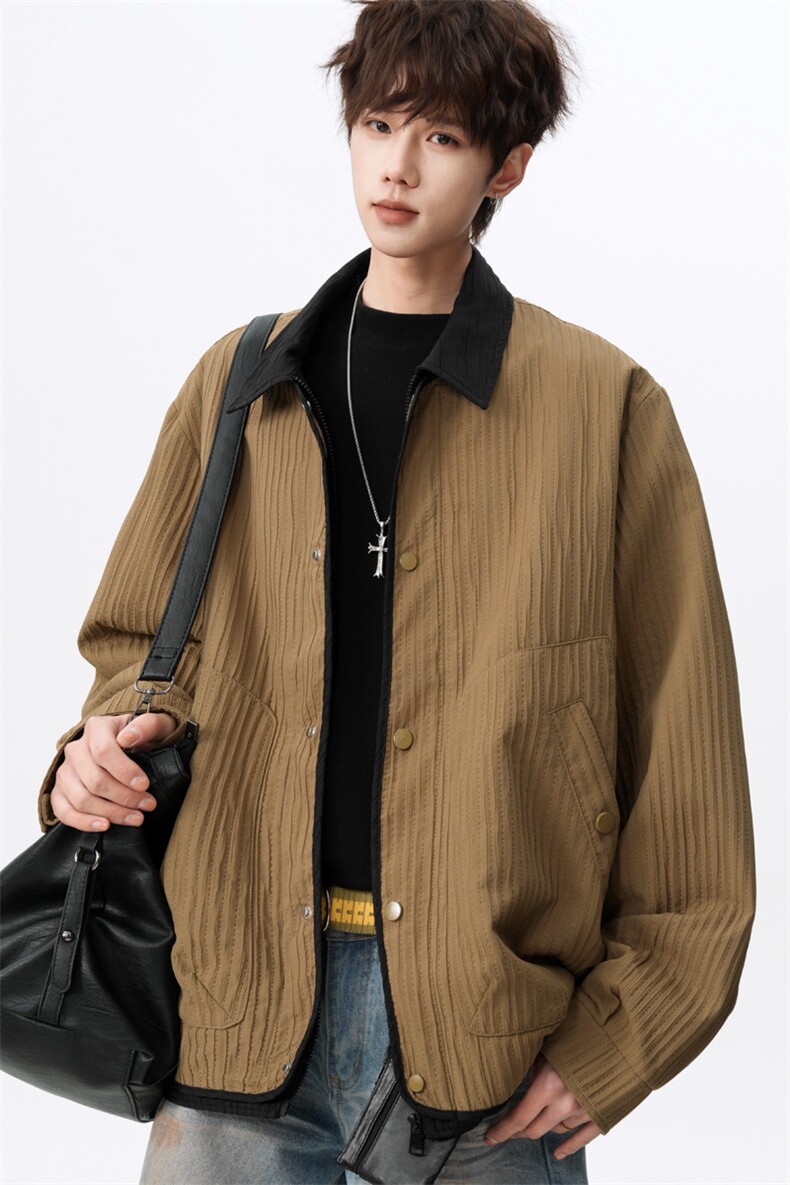 撞色假两件翻领夹克男2026春季宽松复古休闲外套潮J2606P85控118,男装夹克,电商A157