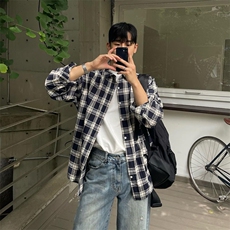 2024春季黑色格子衬衫港风宽松百搭休闲男外套C7109-P65棉，男装衬衫，星座218-5