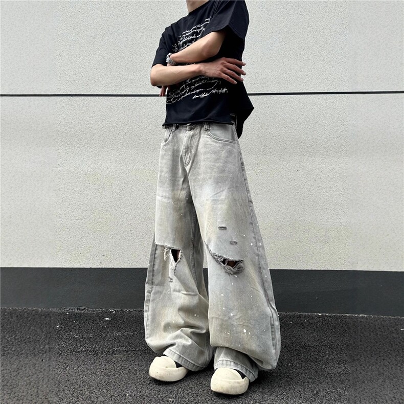 美式复古泼墨破洞弯刀牛仔裤男女夏季宽松直筒阔腿拖地裤子图片