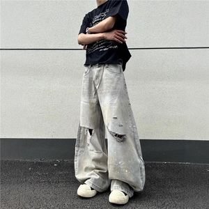 美式复古泼墨破洞弯刀牛仔裤男女夏季宽松直筒阔腿拖地裤子图片