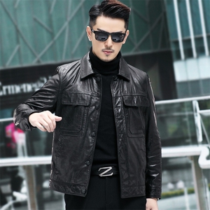 春秋新款男士皮衣男油蜡牛皮夹克韩版机车男装翻领外套P500图片