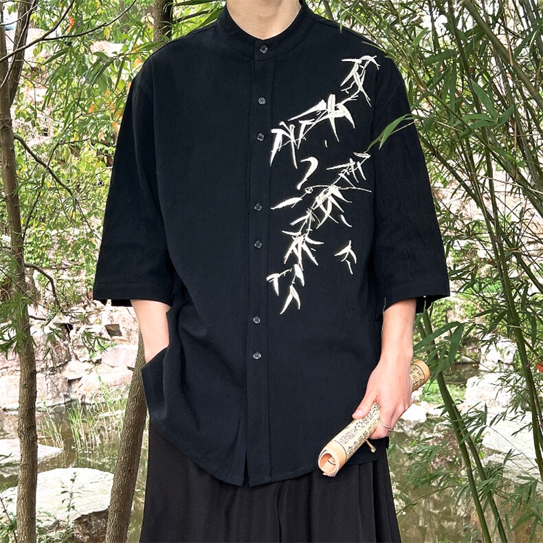 现货风外景夏季立领衬衫上衣七分袖中式绣花男T恤T29-P65,男装T恤,电商A021