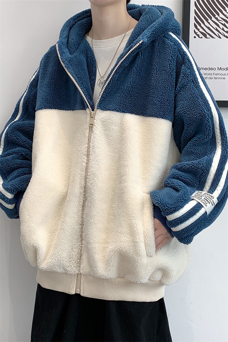 羊羔绒外套男冬季加绒加厚保暖棉服美式复古拼接撞色连帽夹克上衣,男装棉衣,电商A441-1