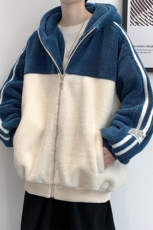 羊羔绒外套男冬季加绒加厚保暖棉服美式复古拼接撞色连帽夹克上衣，男装棉衣，电商A441-1