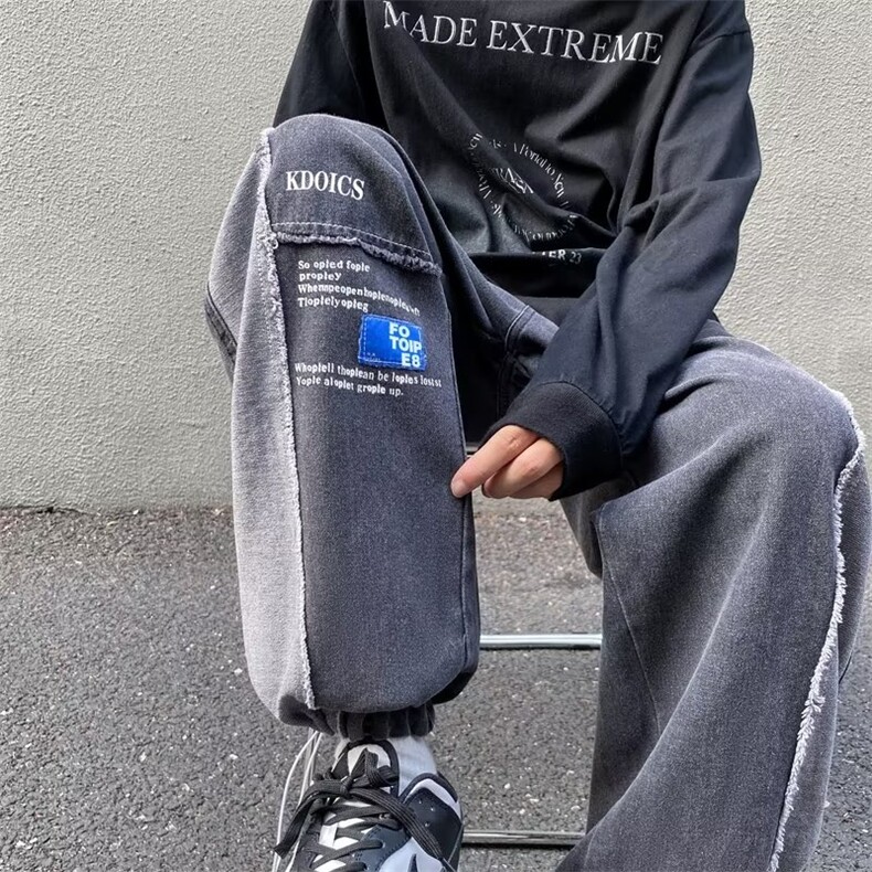 欧美高街撞色牛仔裤男阔腿裤子休闲嘻哈潮牌ins拼接长裤XK8010P45图片