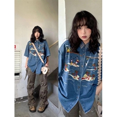 BK908CC-特P58美式复古刺绣牛仔短袖衬衫男女，男装T恤，星座1007（原301D）