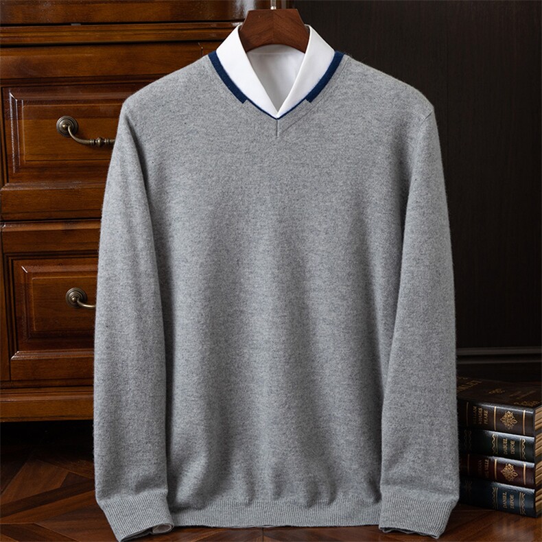 秋冬季新款男士V领羊绒衫纯色打底毛衣中青年山羊绒针织衫，男装羊绒套衫，欧力羊绒