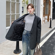 深灰色淡人羊毛呢羽绒内胆西装外套女2025冬季韩系气质高级感外套，女装羽绒服，2C291