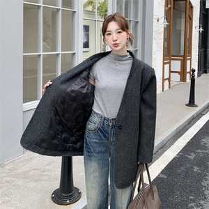 深灰色淡人羊毛呢羽绒内胆西装外套女2025冬季韩系气质高级感外套图片