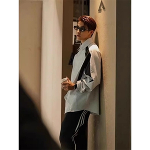 日系cityboy港风竖条纹衬衫男女高级感长袖拼接解构休闲衬衣外套图片