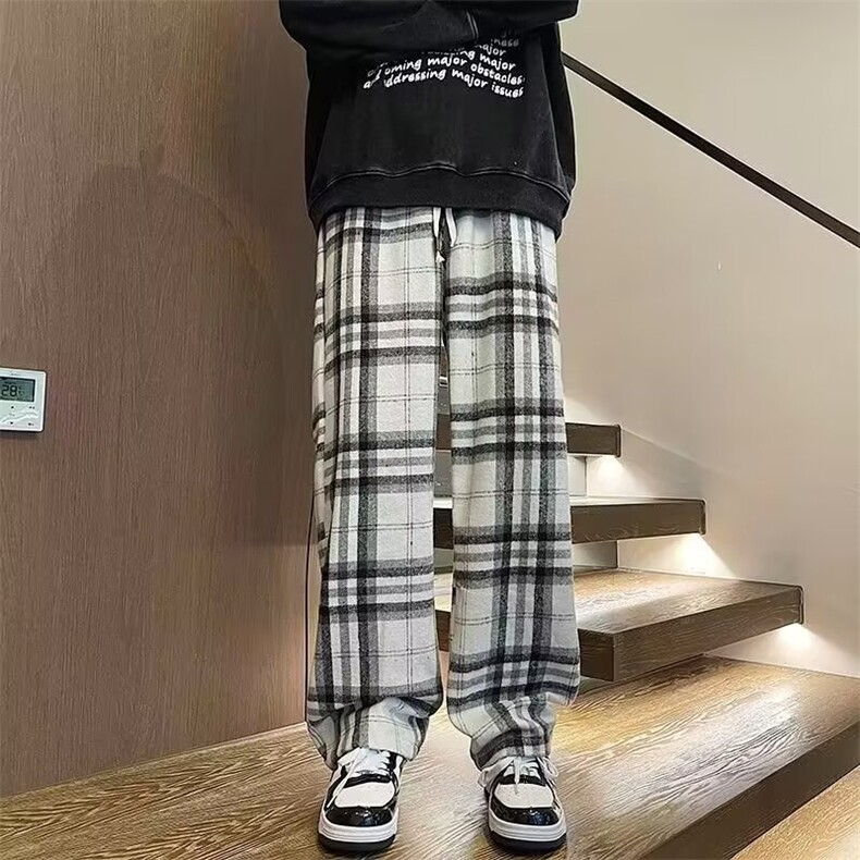 格子休闲卫裤男士秋冬复古ins潮牌宽松直筒呢子阔腿休闲长裤A996,男装休闲裤,星座506