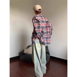 新款复古设计感拼色格纹长袖衬衫男休闲衬衣外套A3030-P40图片