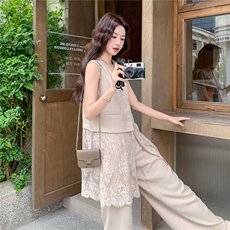 轻熟风气质套装女2026夏季拼蕾丝西装马甲显瘦阔腿裤两件套，女装套装/套裙，冬木谷雨