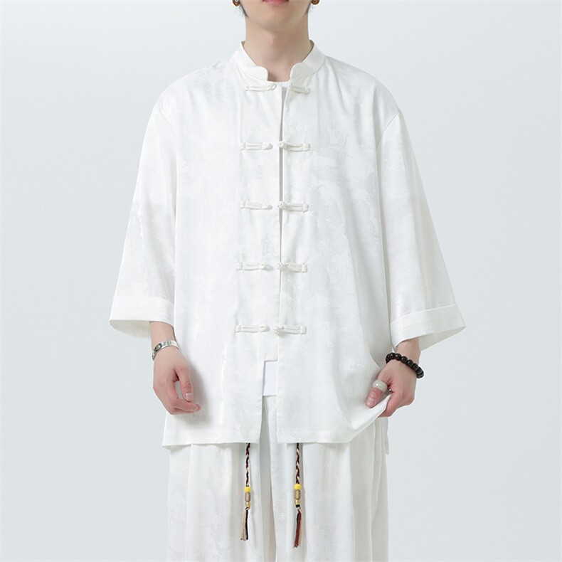 2025夏季新款立领大码盘扣上衣新中式男士七分袖衬衫CS100-P55，男装衬衫，电商A008