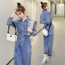 2021年春季新款牛仔连体长裤韩版高腰九分裤，女装休闲裤，秋水欣儿