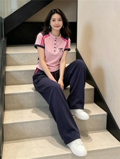 轻奢洋气时尚套装女夏新款条纹拼接半开领短袖上衣阔腿长裤两件套，女装套装/套裙，江南