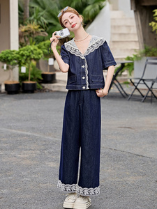 设计感小众牛仔套装女2025夏季新款蕾丝上衣拼接阔腿裤两件套图片