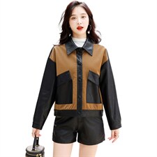 主推现货休闲短款外套女宽松小个子2022年新款时尚女士拼接皮衣，女装皮衣，江南女神