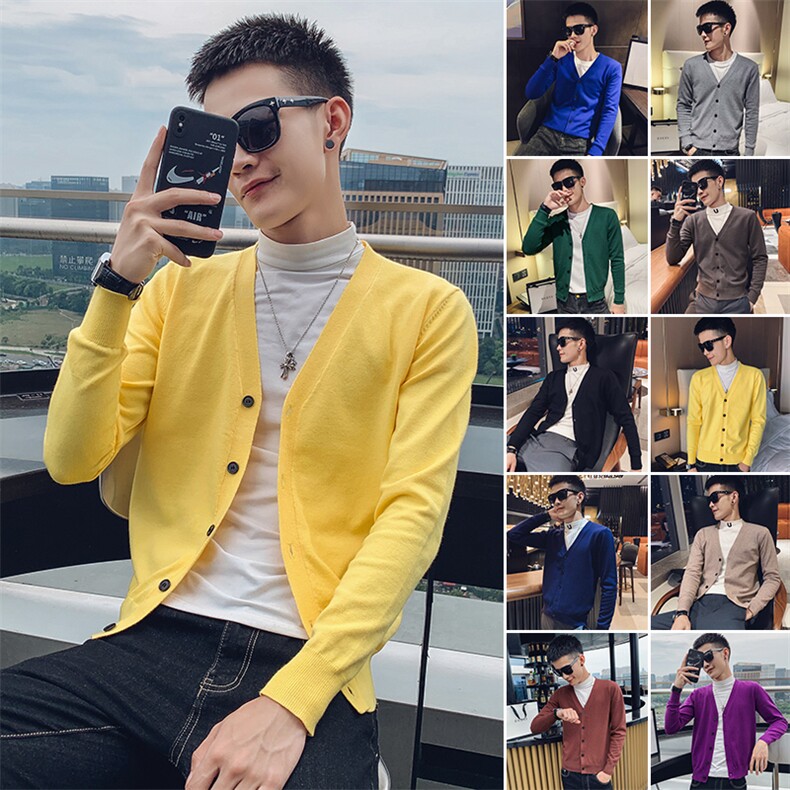 黄色2024春装社会小伙纯色修身开衫毛衣针织衫男M023-P55控价78，男装针织衫/毛衣，电商A108