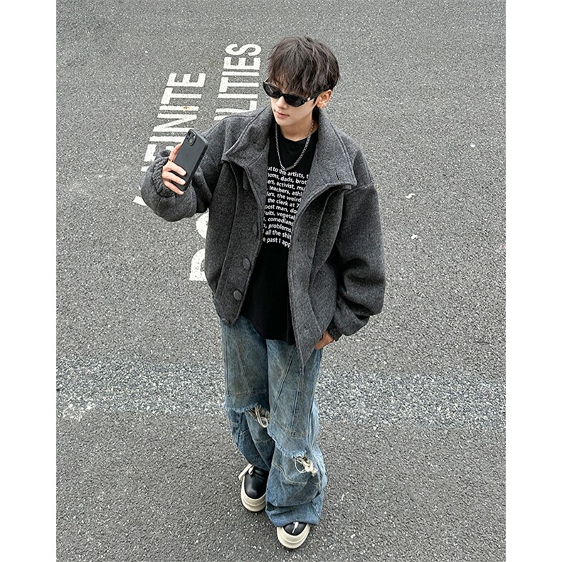 秋冬复古短款毛呢大衣韩版重磅网红解构立领外套男MNR3001-P120,男装毛呢大衣,星座302B-2
