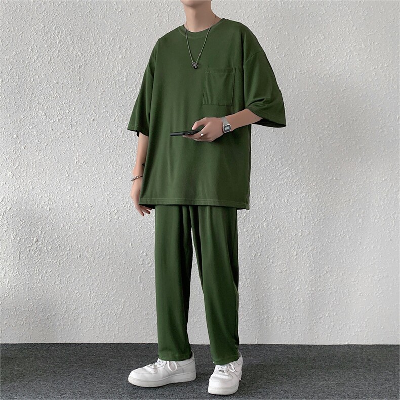 夏装圆领短袖t恤九分裤冰丝套装男大码休闲套装 TZ28P65 绿图片