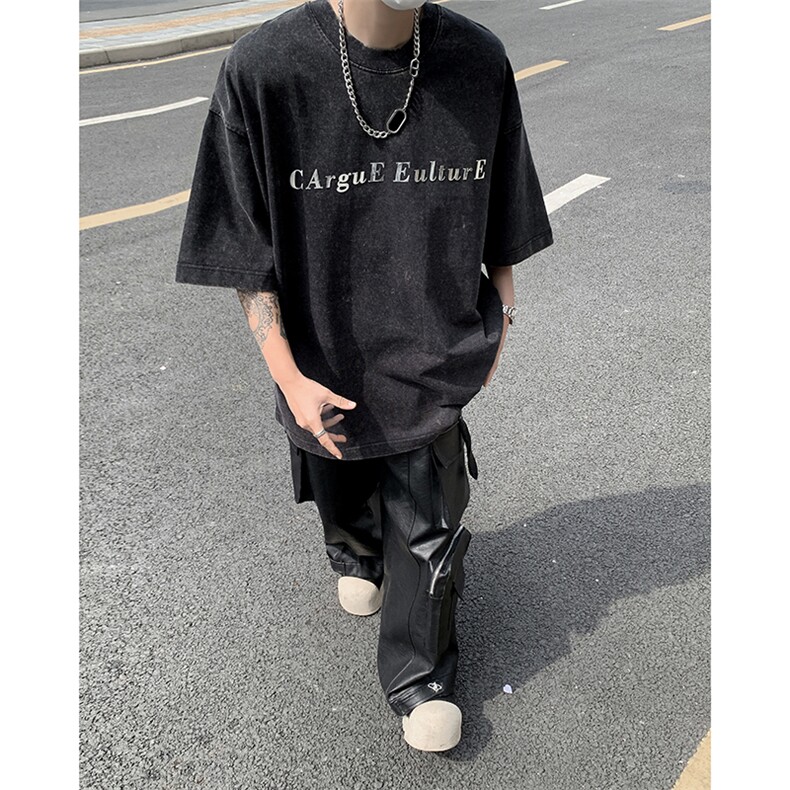 美式复古水洗做旧金属感字母印花宽松短袖T恤男女半袖-H86049-P40,男装T恤,电商B289