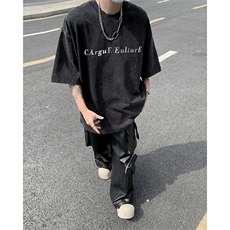 美式复古水洗做旧金属感字母印花宽松短袖T恤男女半袖-H86049-P40，男装T恤，电商B289