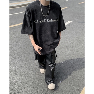 美式复古水洗做旧金属感字母印花宽松短袖T恤男女半袖-H86049-P40图片