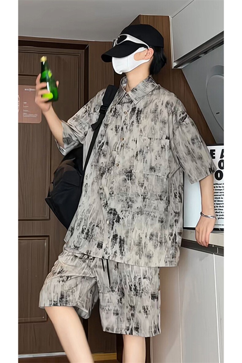 水墨扎染短袖衬衫套装DC2234上衣特P24控48/DK8614裤子特P20控39,男装衬衫,电商A007