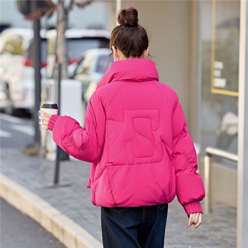 现货！无帽立领时尚优雅风保暖羽绒服女玫红色大气保暖外套,女装羽绒服,沐七七