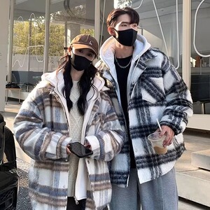 棉服潮牌连帽美式加厚复古格子宽松型时尚潮流ins翻领简约常规图片