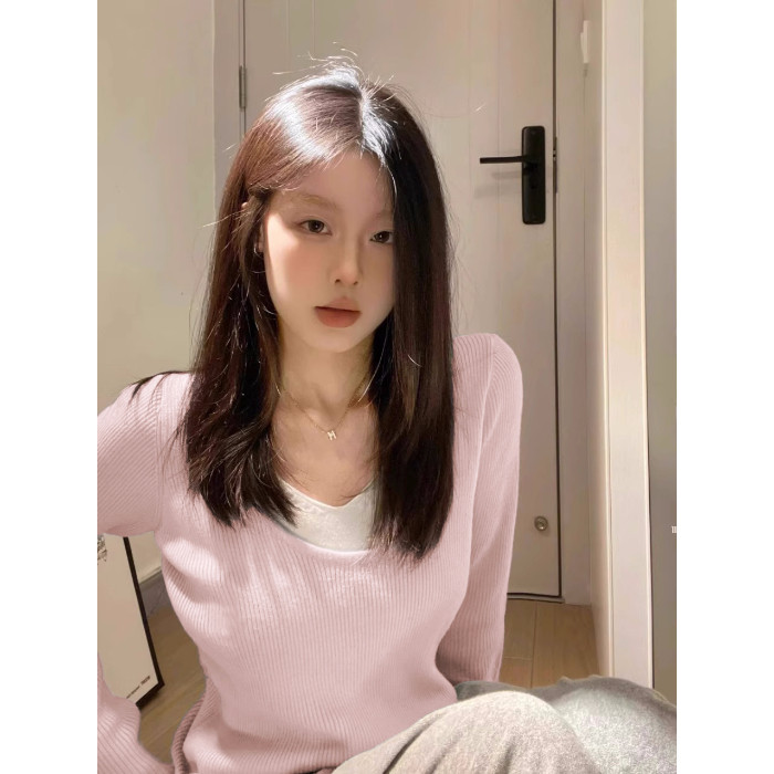 QC021-P4824新款慵懒v领针织衫秋季内搭打底衫毛衣假两件女上衣，女装卫衣/绒衫，星座617A-2