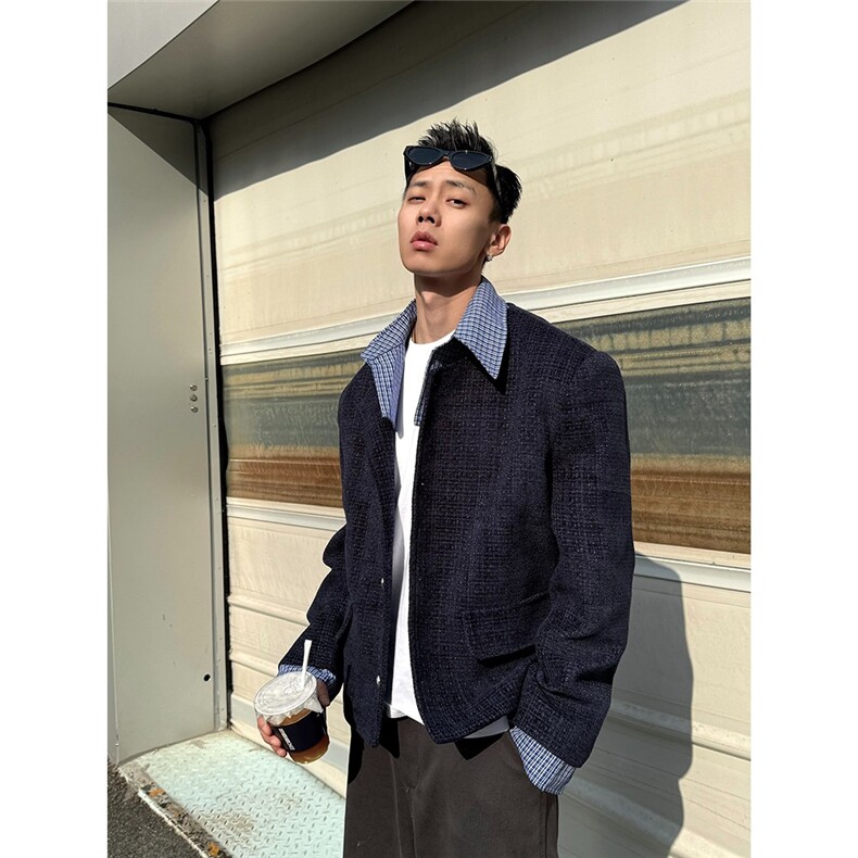LINYILUCK/小众设计假两件拼接翻领小香风外套男痞帅休闲短款夹克,男装夹克,星座715-4