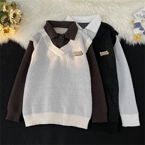 秋款男POLO领套头毛衣假两件针织衫拼色休闲外套M2245 P55图片