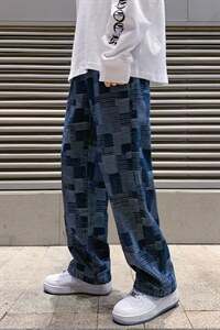 棋盘格牛仔裤男春秋2025新款美式高街vibe风潮牌痞帅阔腿休闲长裤图片